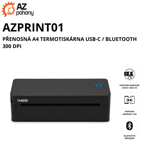 AZPRINT01 – cestovní a přenosná A4 termotiskárna USB-C / Bluetooth, 300 DPI